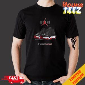 Air Jordan 11 Low Bred Black White Varsity Red Releasing Summer 2025 Sneaker Merchandise T Shirt