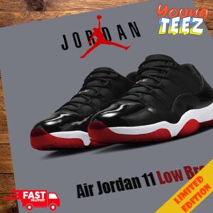 Air Jordan 11 Low Bred Black White Varsity Red Releasing Summer 2025 Sneaker Poster 2