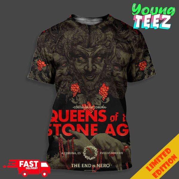 Poster Queen Of The Stone Age Show In Spain 2024 On June 28 At A Coruna ES The End Is Nero Art By Nikita Kaun Unisex All Over Print T-Shirt