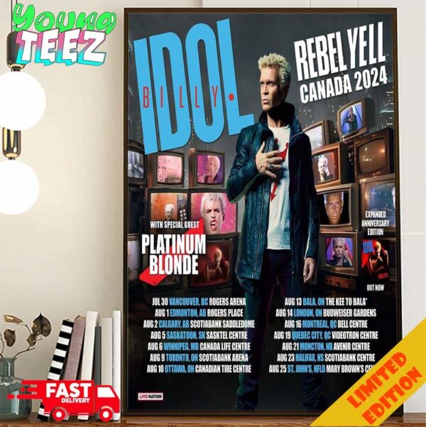 Billy Idol Show The Rebel Yell Canada Tour 2024 Schedule List Date With Platinum Blonde Poster Canvas Home Decor