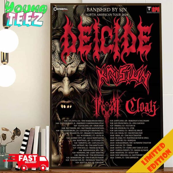 Deicide Banished By Sin North American Tour 2024 Schedule List Date With Cloak And Krisiun Poster Canvas Home Decor