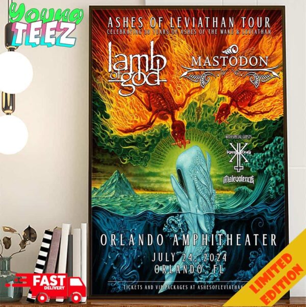 Limited Poster For Orlando Amphitheater Ashes Of Leviathan Tour 2024 With Lamb Of God And Mastondon On July 24 At Orlando FL Poster Canvas Home Decor