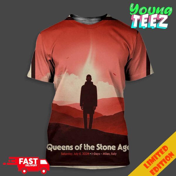 Merch Poster For Queen Of The Stone Age Show In Italy On July 6th 2024 At Milan Unisex All Over Print T-Shirt