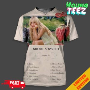 Sabrina Carpenter Short N’ Sweet Official Album Release August 23rd 2024 Full Track List Unisex All Over Print T-Shirt