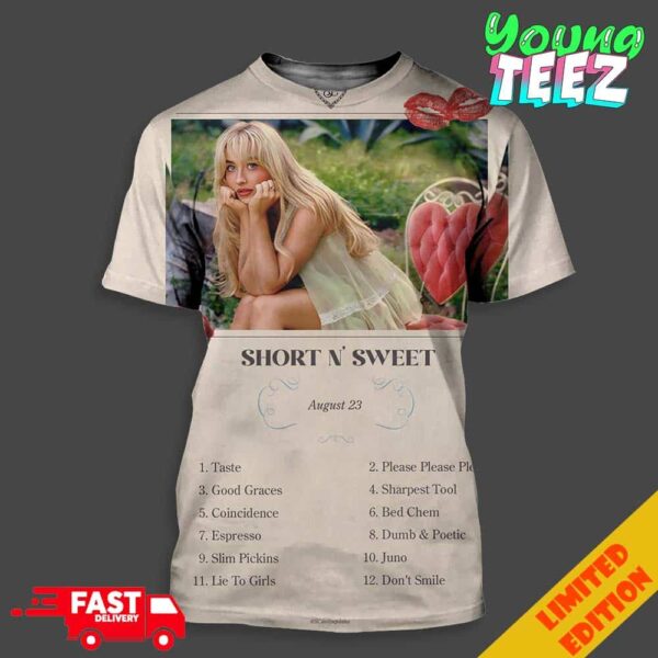 Sabrina Carpenter Short N’ Sweet Official Album Release August 23rd 2024 Full Track List Unisex All Over Print T-Shirt