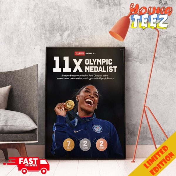 Cemented In History Simone Biles Ends Her Paris Olympics 2024 11x Olympic Medalist Team USA One For All Poster Canvas